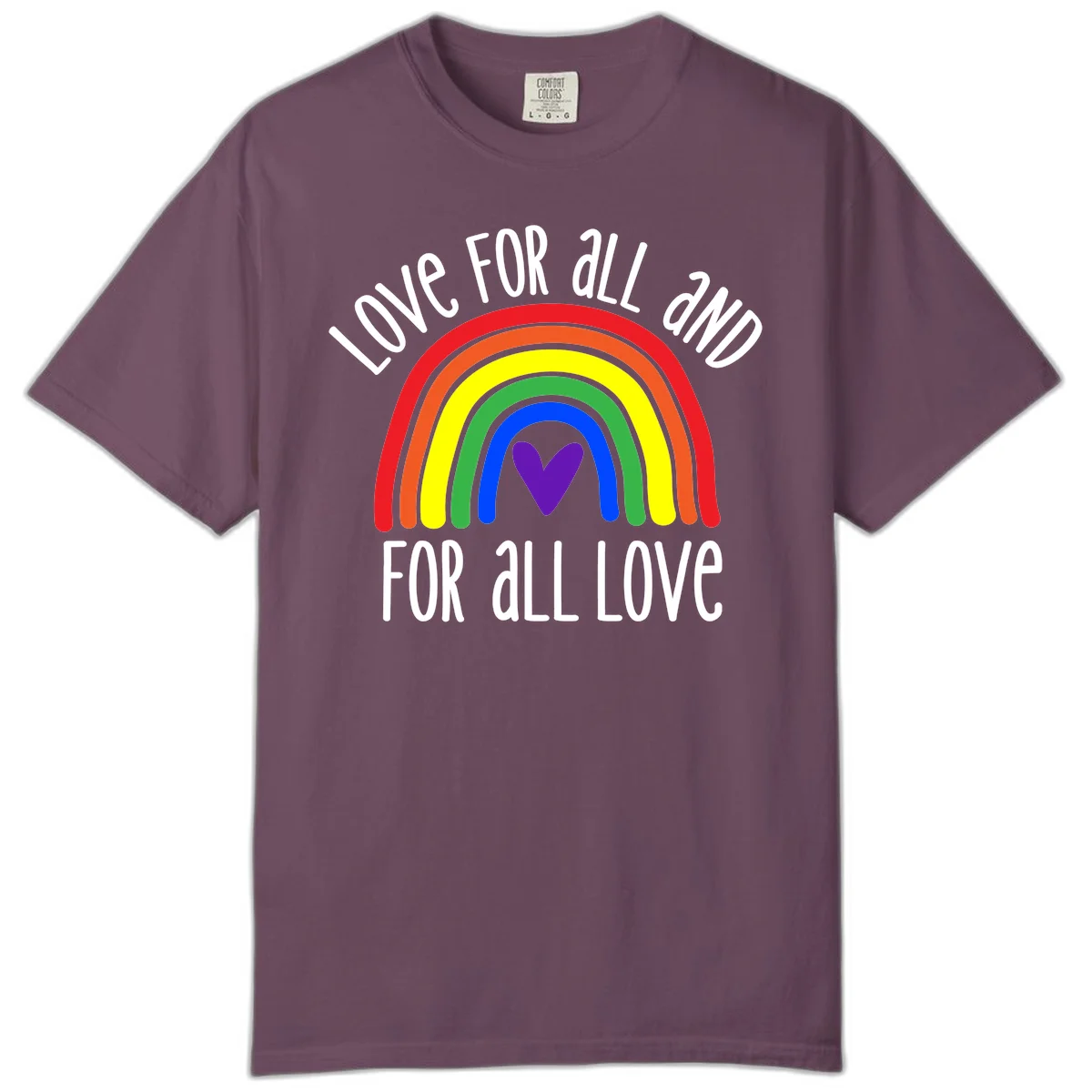 Rainbow with purple heart center and 'Love For All And For All Love' text - pride design in Berry