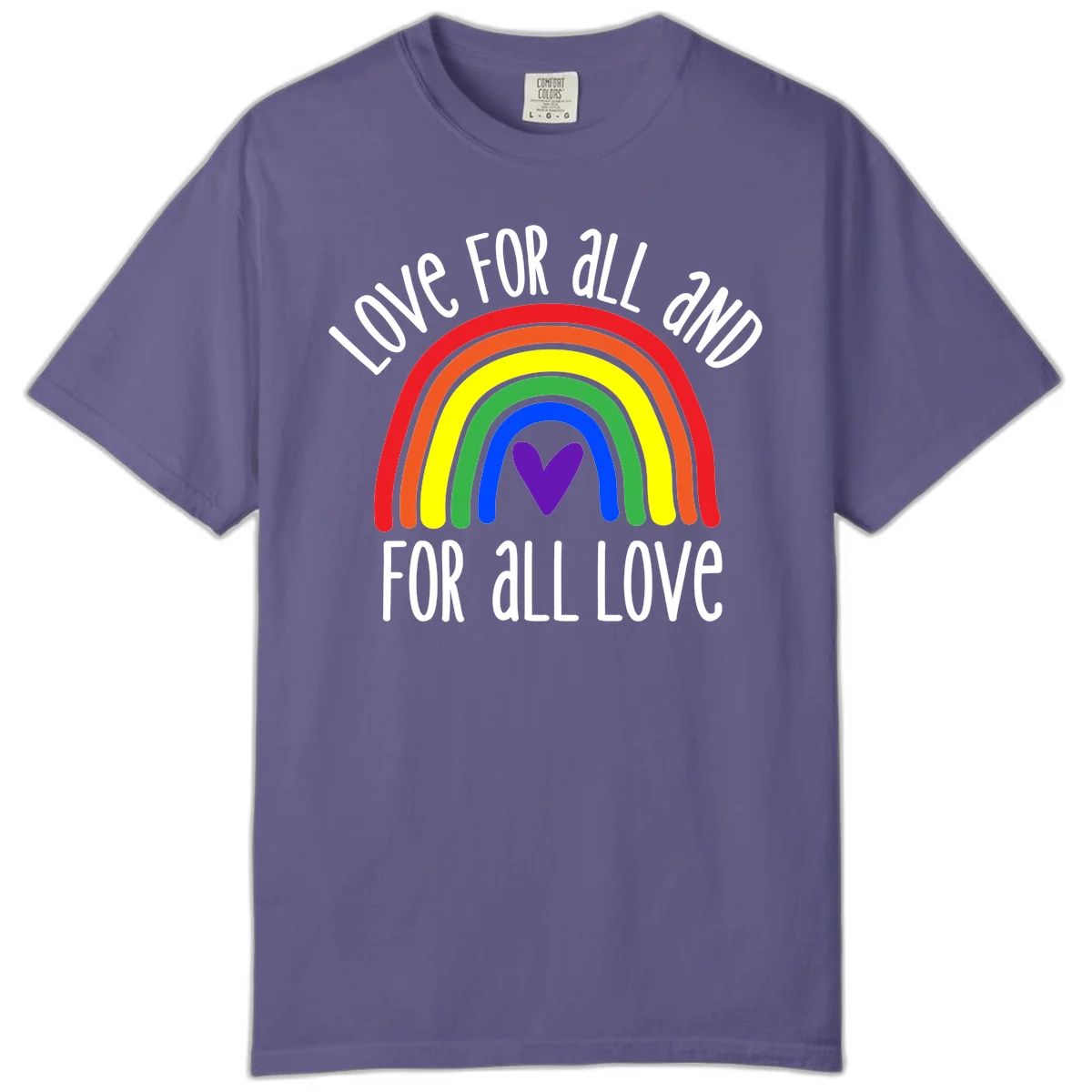 Rainbow with purple heart center and 'Love For All And For All Love' text - pride design in Grape