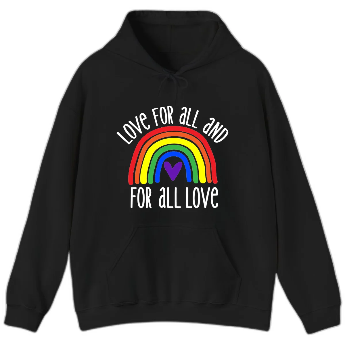Rainbow with purple heart center and 'Love For All And For All Love' text - pride design in Black