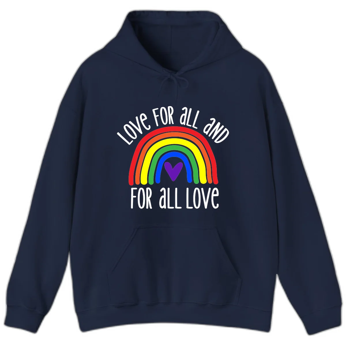 Rainbow with purple heart center and 'Love For All And For All Love' text - pride design in Navy