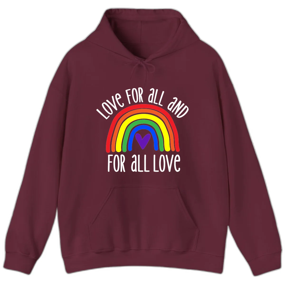 Rainbow with purple heart center and 'Love For All And For All Love' text - pride design in Maroon