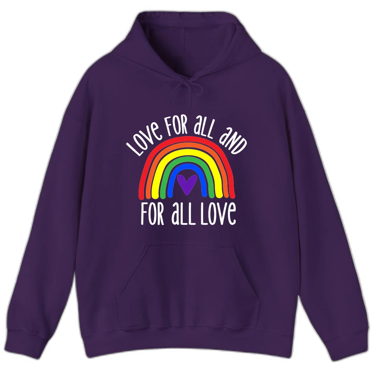 Rainbow with purple heart center and 'Love For All And For All Love' text - pride design in Purple