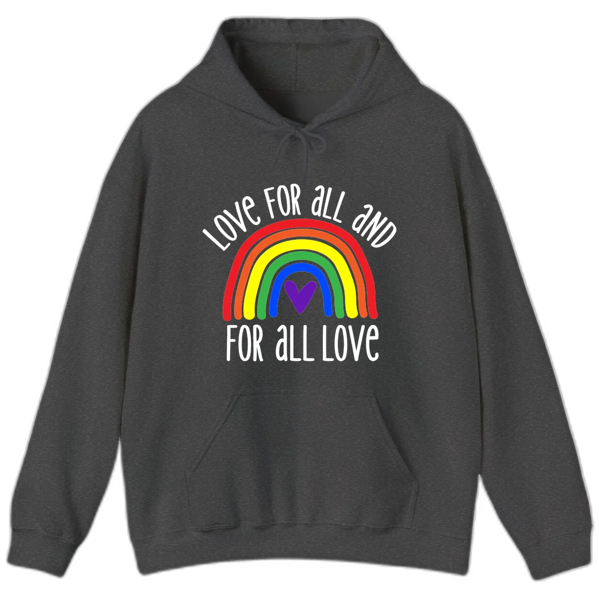 Rainbow with purple heart center and 'Love For All And For All Love' text - pride design in Dark Heather