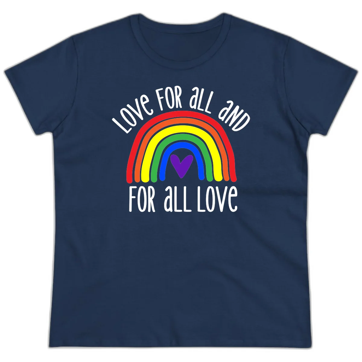 Rainbow with purple heart center and 'Love For All And For All Love' text - pride design in Navy