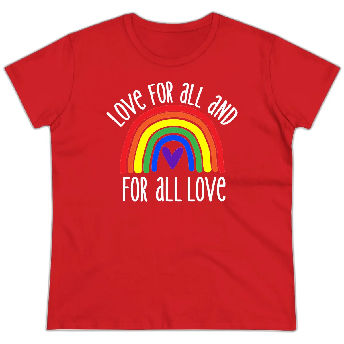 Rainbow with purple heart center and 'Love For All And For All Love' text - pride design in Red