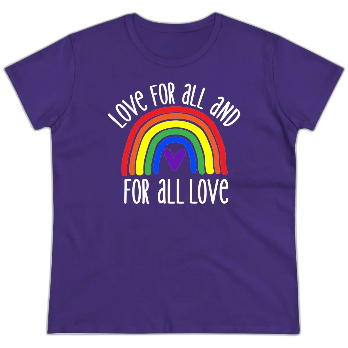 Rainbow with purple heart center and 'Love For All And For All Love' text - pride design in Purple