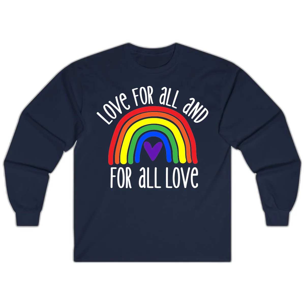 Rainbow with purple heart center and 'Love For All And For All Love' text - pride design in Navy