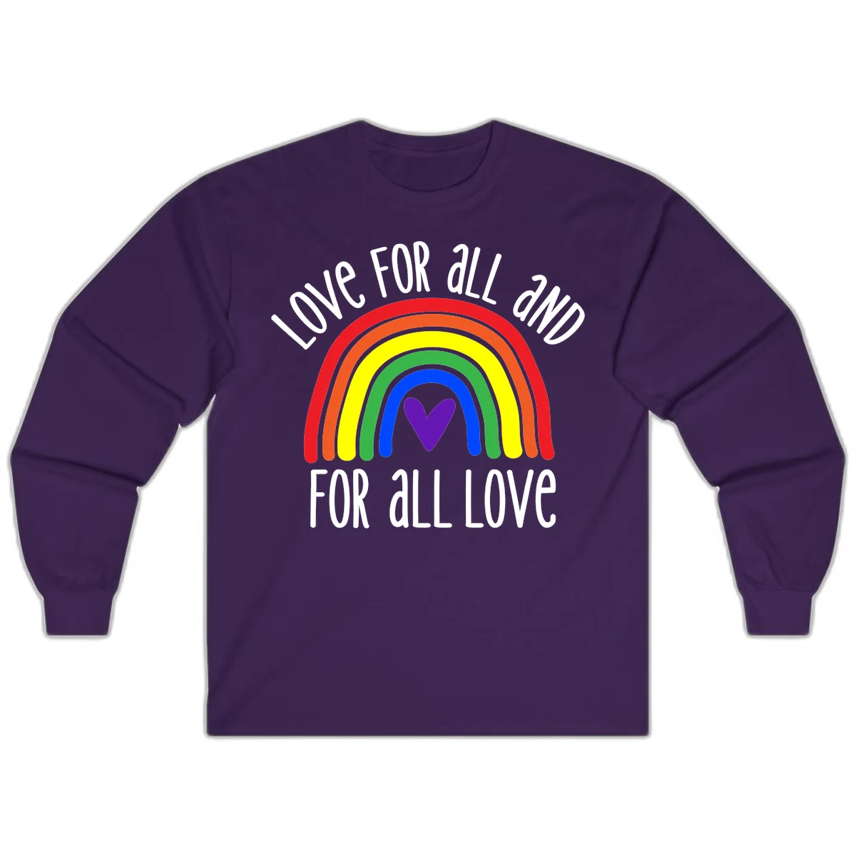 Rainbow with purple heart center and 'Love For All And For All Love' text - pride design in Purple