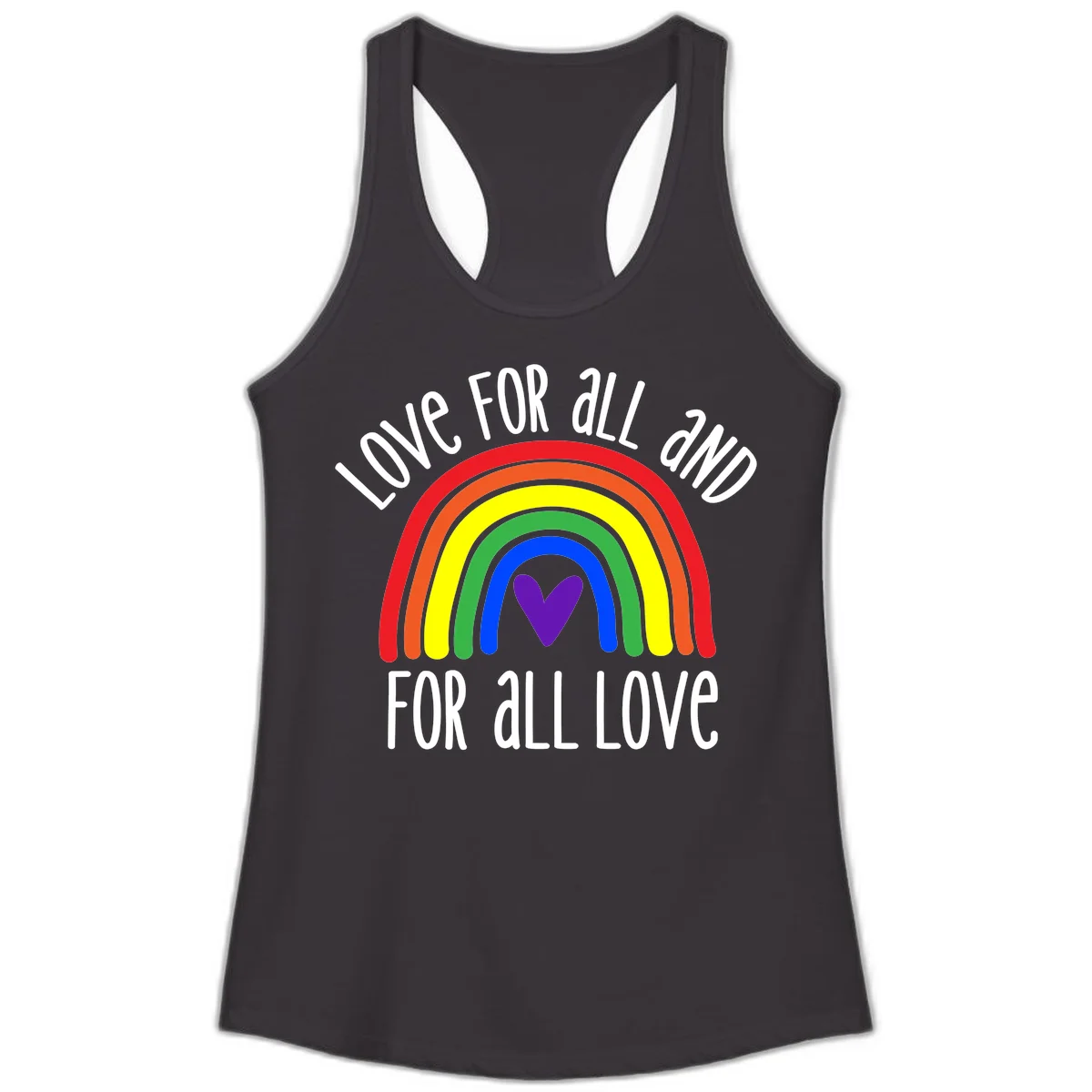 Rainbow with purple heart center and 'Love For All And For All Love' text - pride design in Black