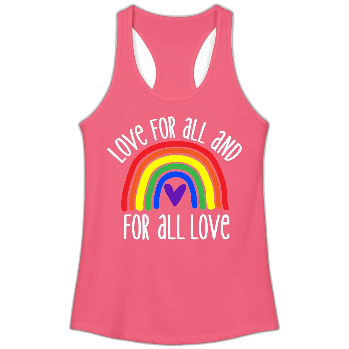 Rainbow with purple heart center and 'Love For All And For All Love' text - pride design in Hot Pink