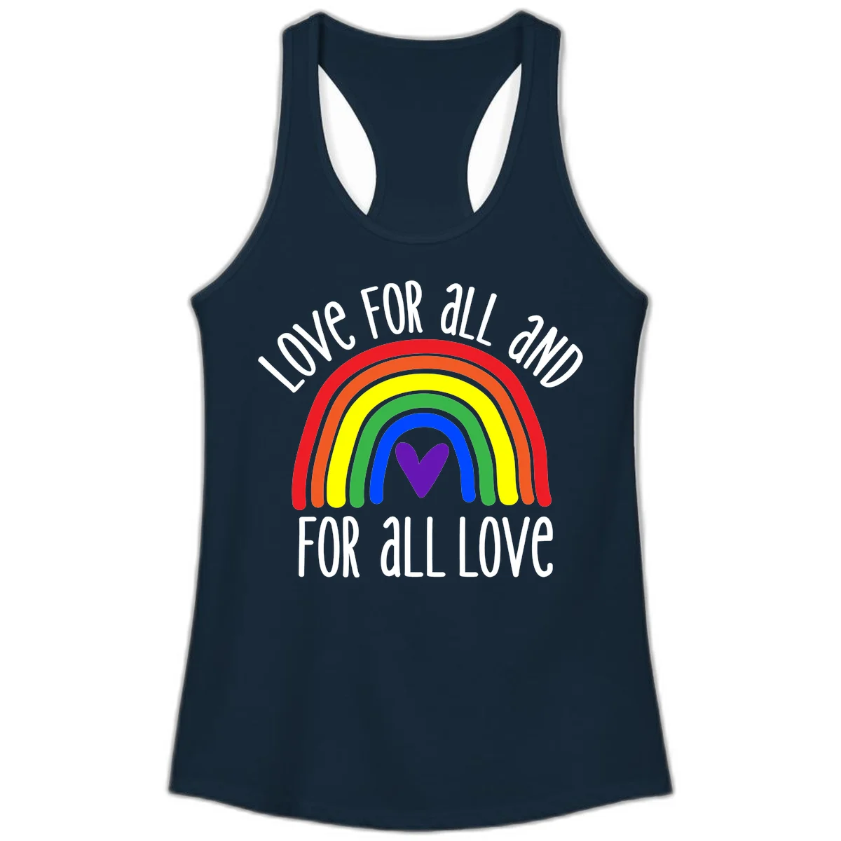 Rainbow with purple heart center and 'Love For All And For All Love' text - pride design in Solid Midnight Navy