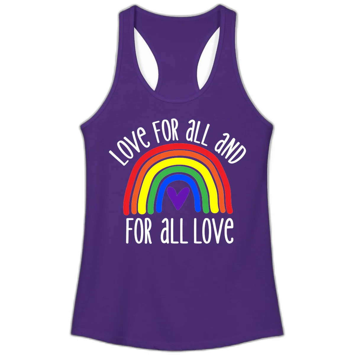 Rainbow with purple heart center and 'Love For All And For All Love' text - pride design in Solid Purple Rush