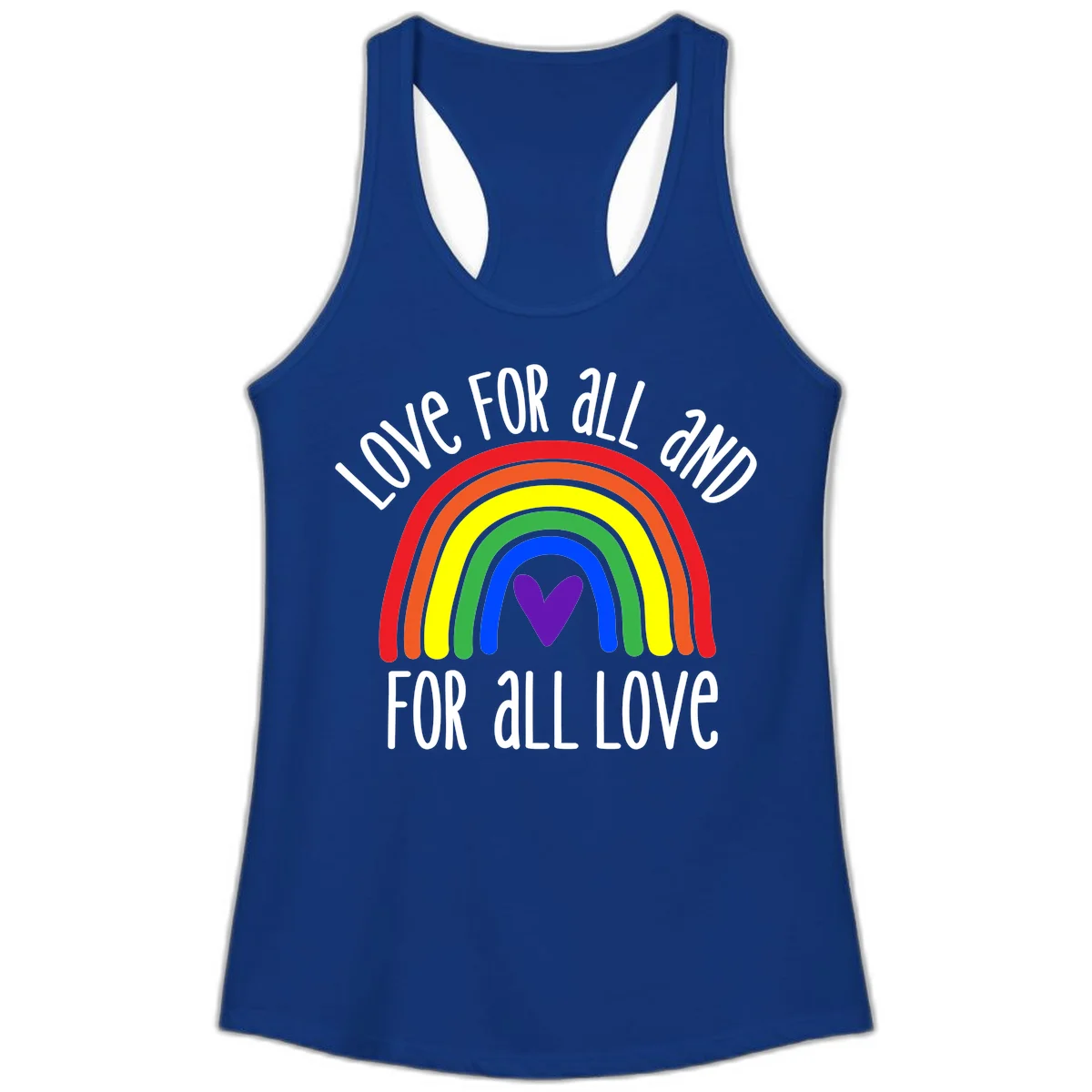 Rainbow with purple heart center and 'Love For All And For All Love' text - pride design in Solid Royal