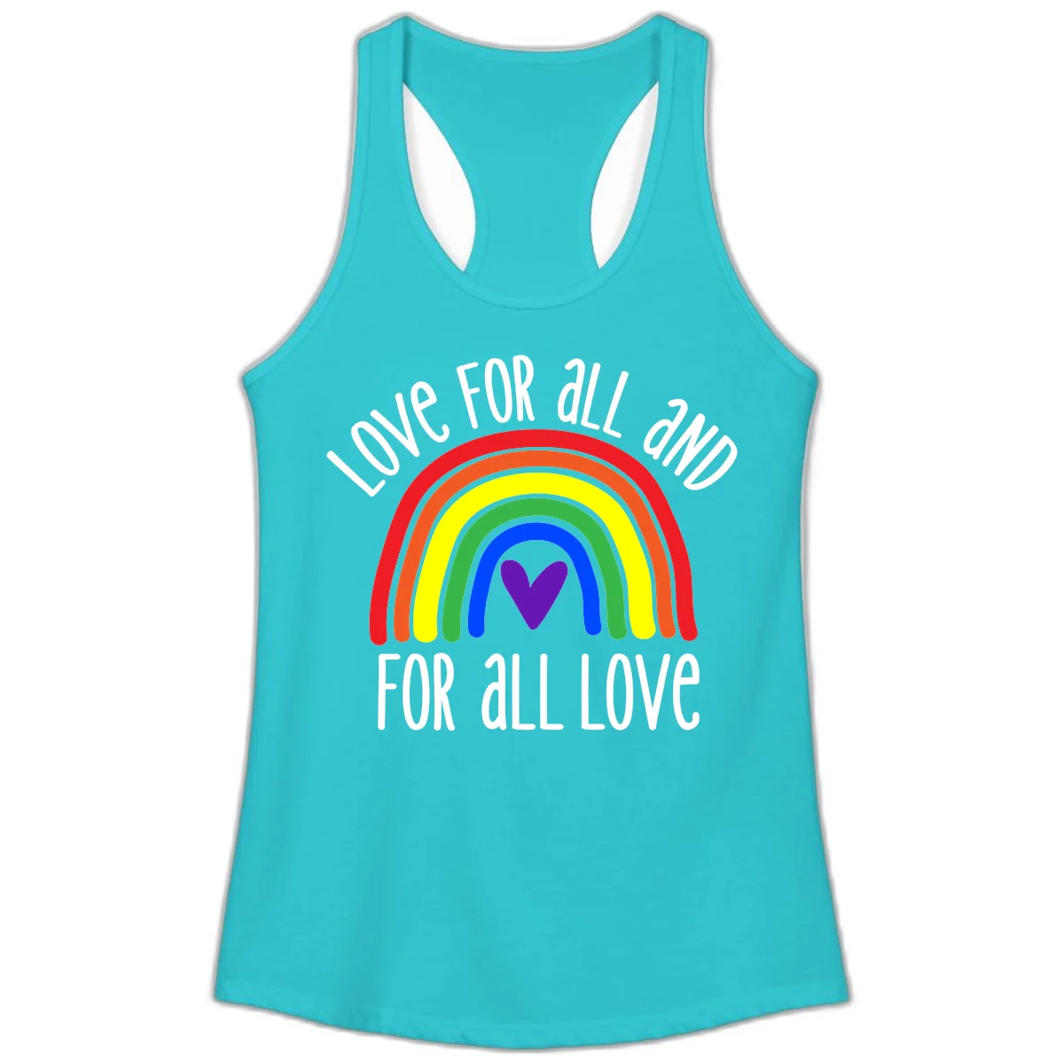 Rainbow with purple heart center and 'Love For All And For All Love' text - pride design in Solid Tahiti Blue