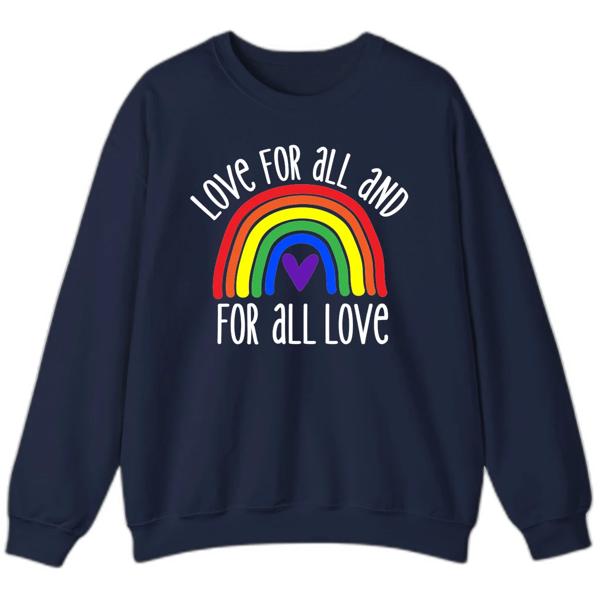 Rainbow with purple heart center and 'Love For All And For All Love' text - pride design in Navy