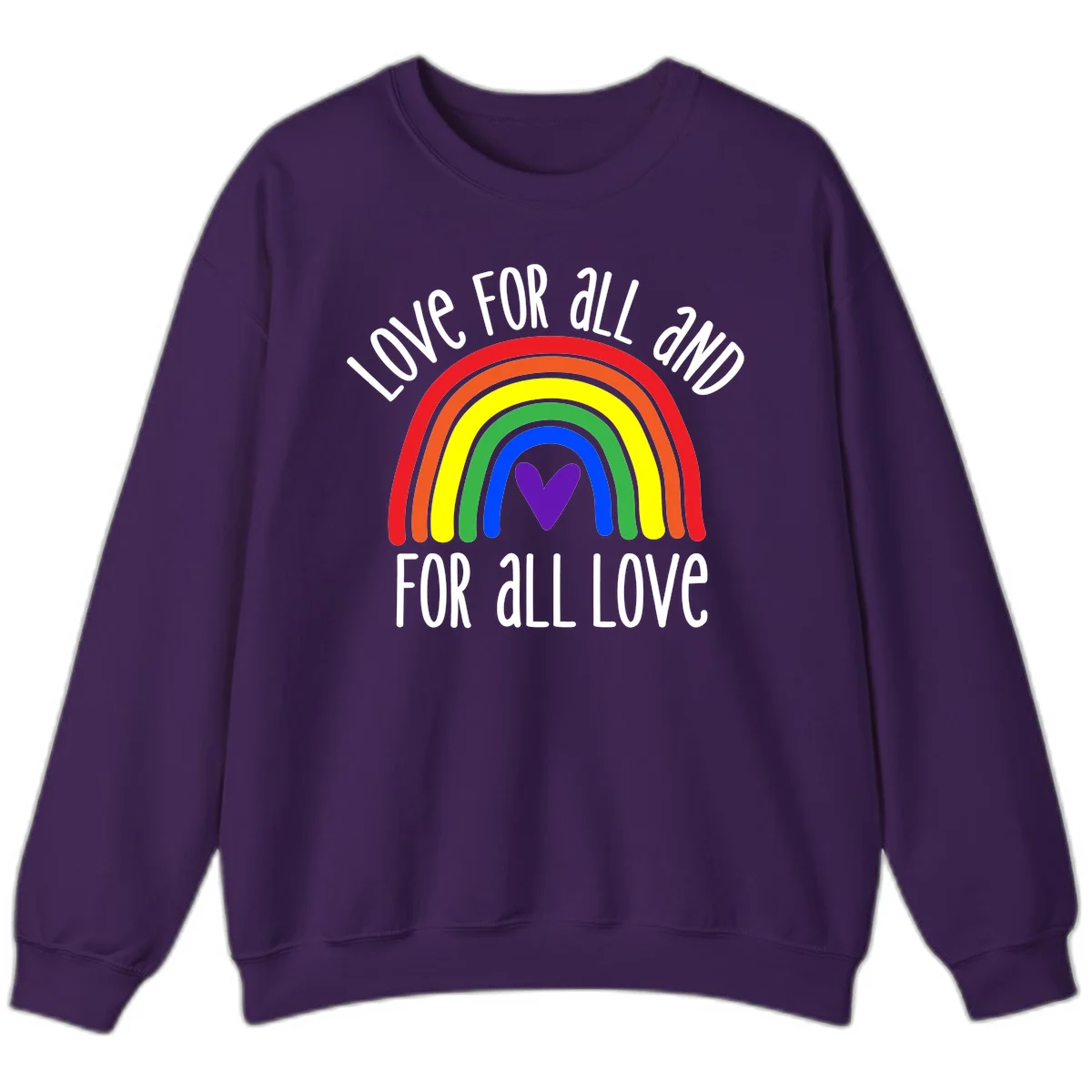 Rainbow with purple heart center and 'Love For All And For All Love' text - pride design in Purple