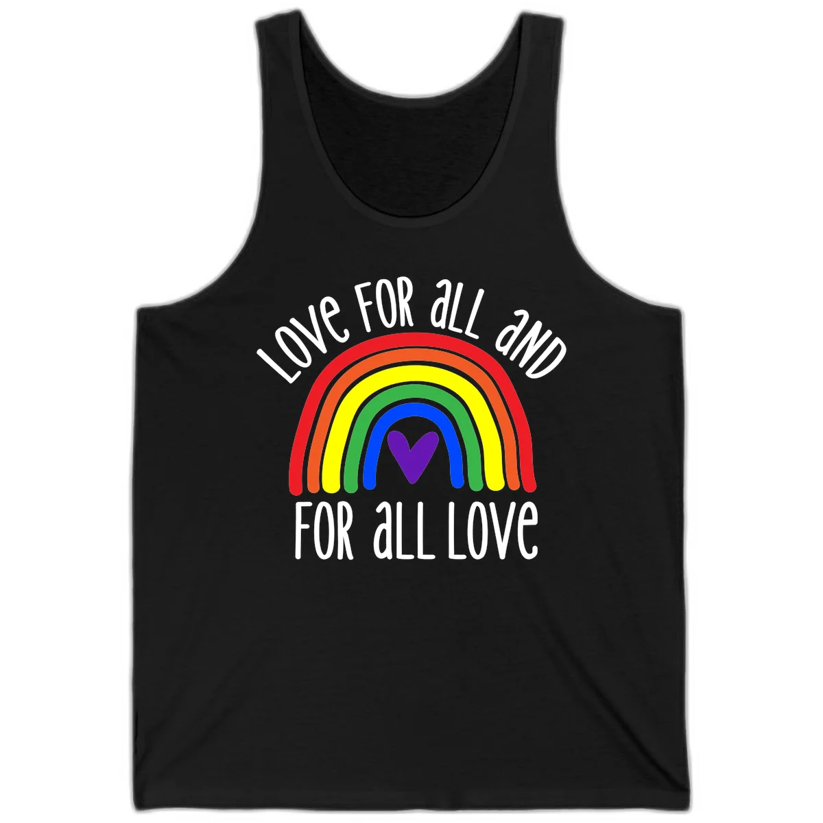 Rainbow with purple heart center and 'Love For All And For All Love' text - pride design in Black