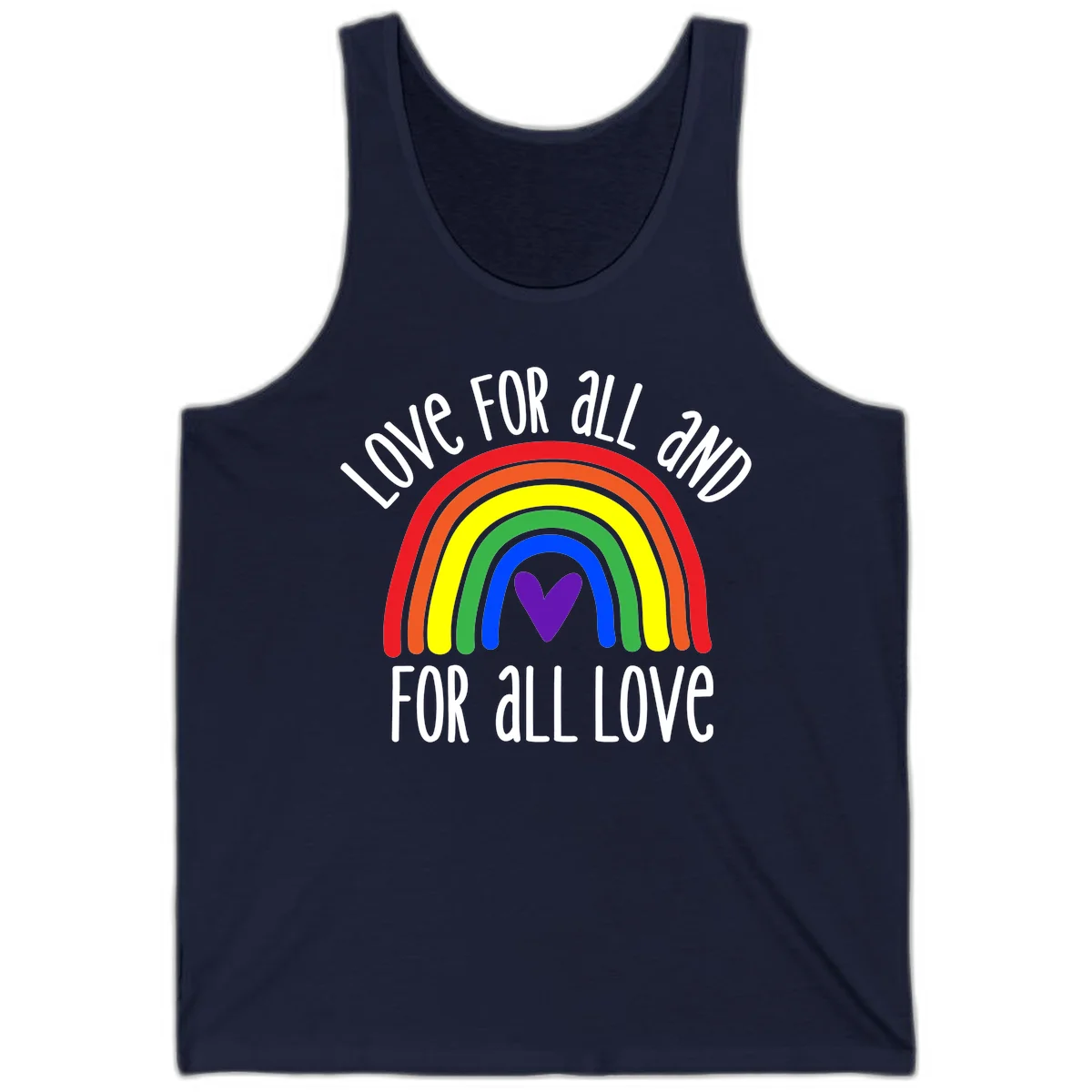 Rainbow with purple heart center and 'Love For All And For All Love' text - pride design in Navy