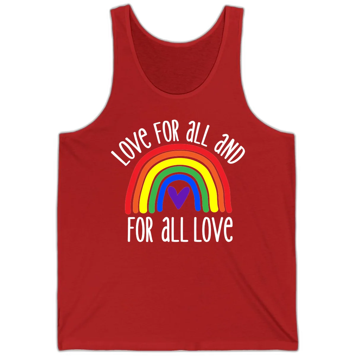Rainbow with purple heart center and 'Love For All And For All Love' text - pride design in Red