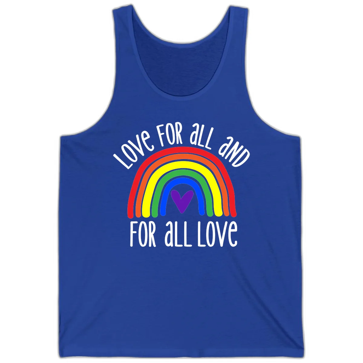 Rainbow with purple heart center and 'Love For All And For All Love' text - pride design in True Royal