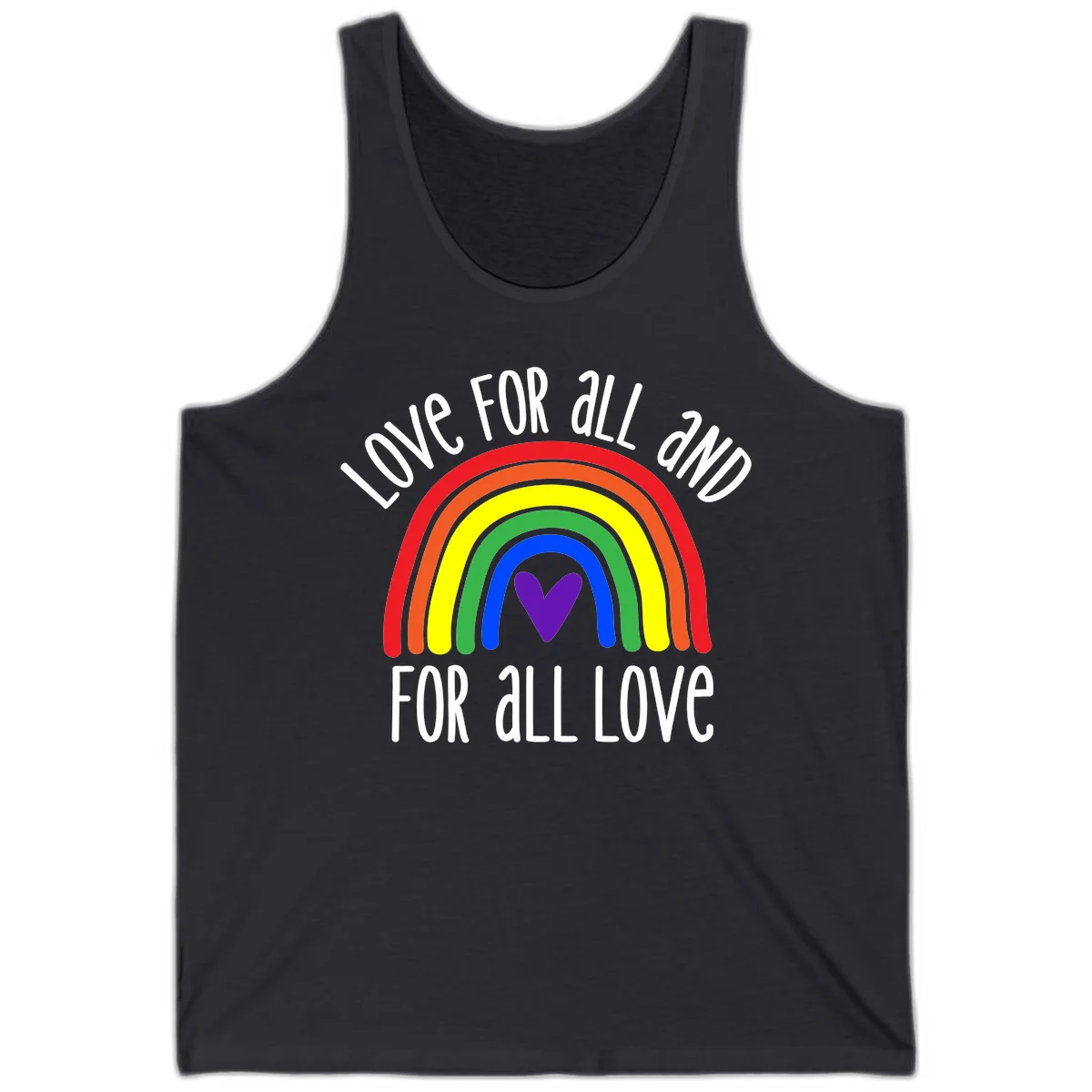 Rainbow with purple heart center and 'Love For All And For All Love' text - pride design in Dark Grey