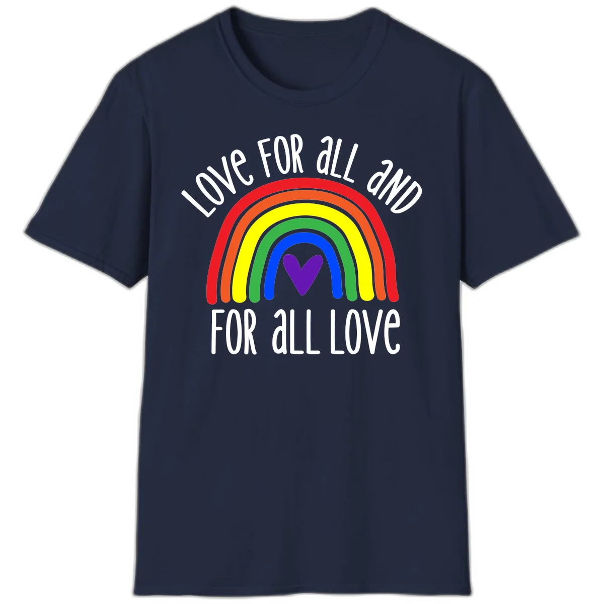 Rainbow with purple heart center and 'Love For All And For All Love' text - pride design in Navy