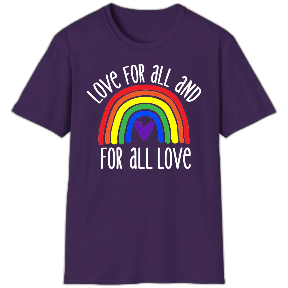 Rainbow with purple heart center and 'Love For All And For All Love' text - pride design in Purple