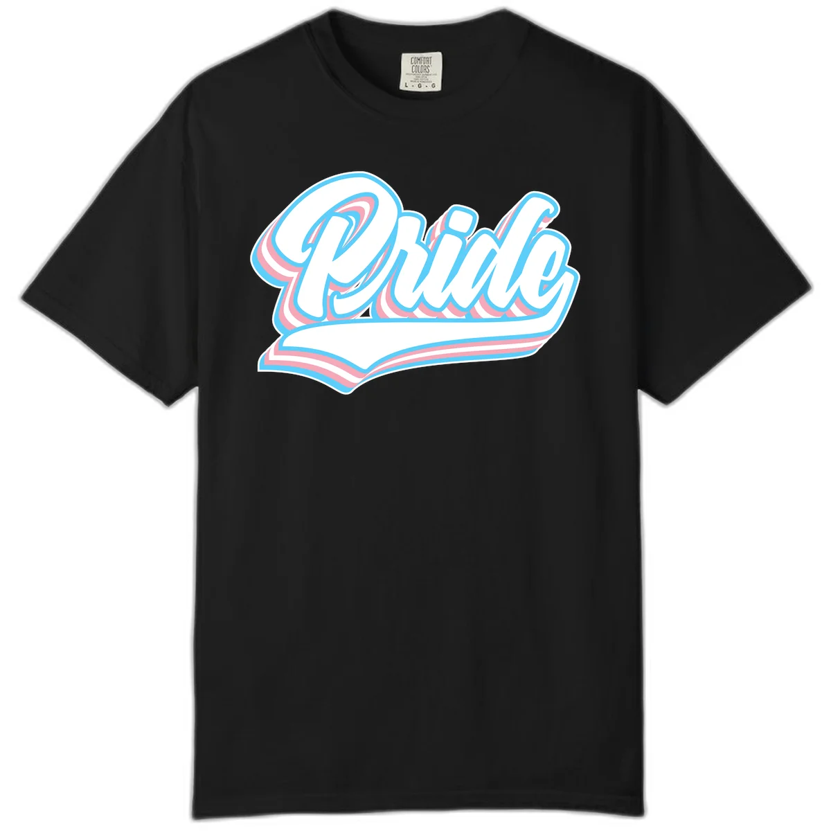 Retro pride wave script design with blue and pink layered lettering and curved banner in Black