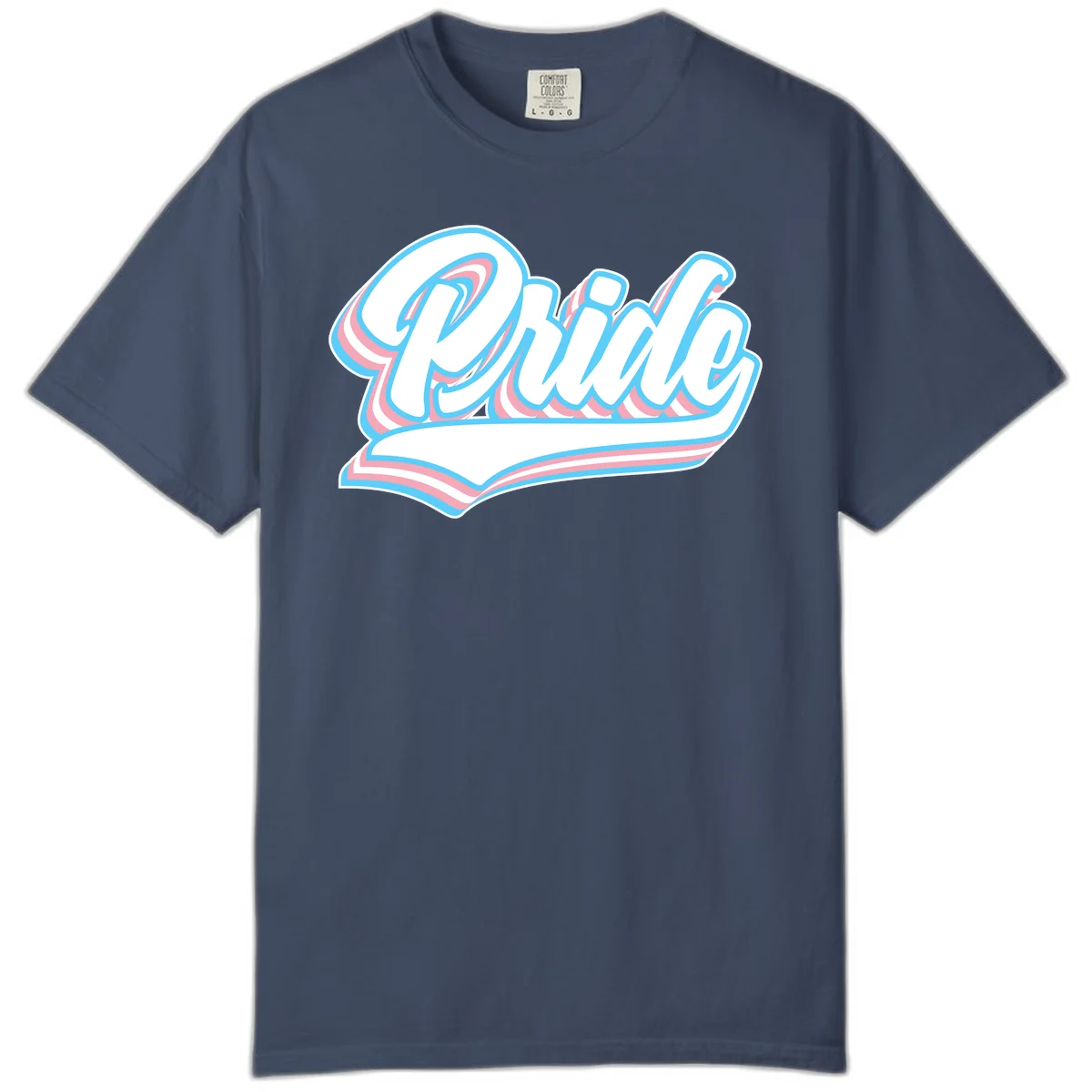 Retro pride wave script design with blue and pink layered lettering and curved banner in Midnight