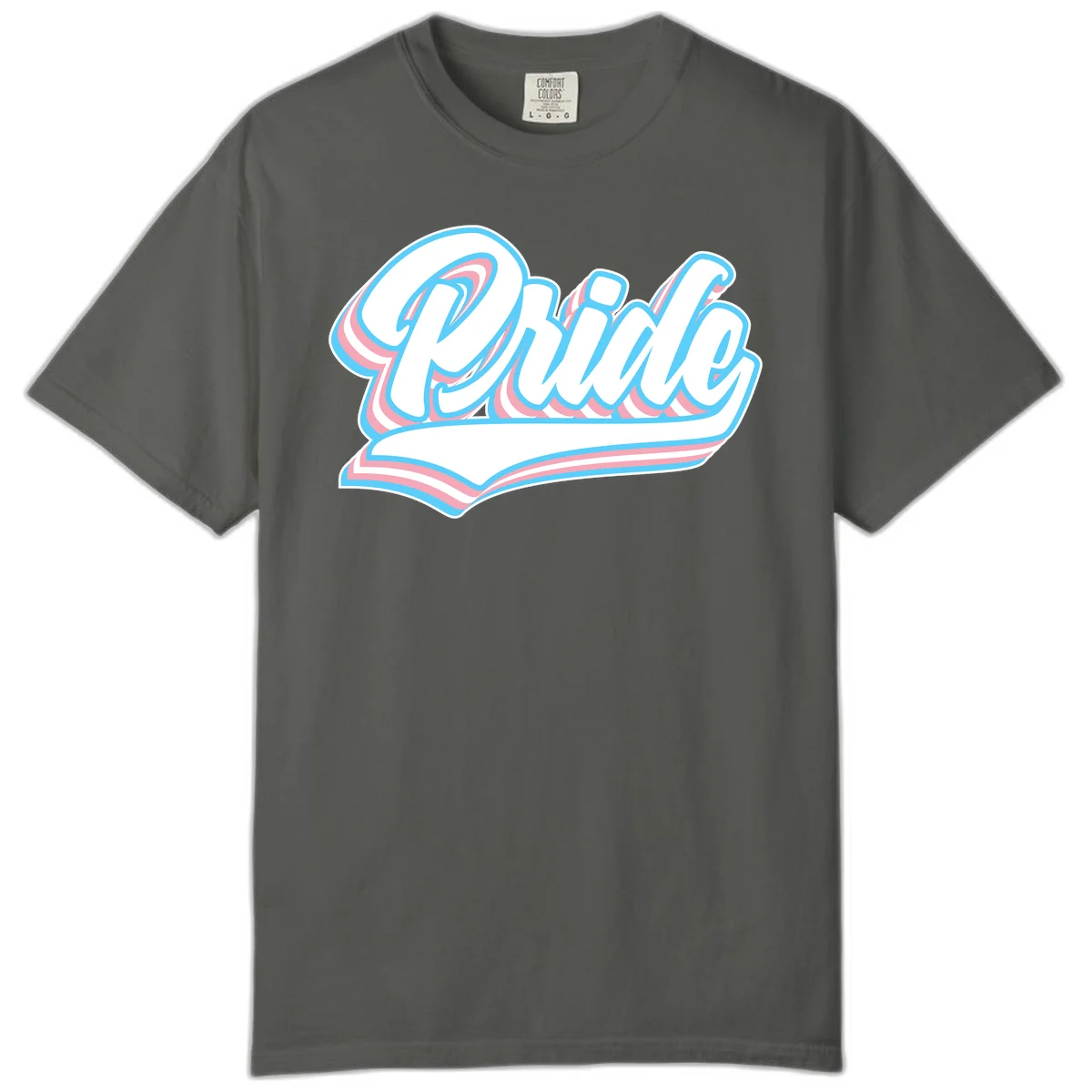 Retro pride wave script design with blue and pink layered lettering and curved banner in Pepper