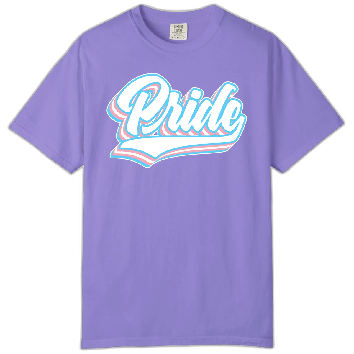 Retro pride wave script design with blue and pink layered lettering and curved banner in Violet