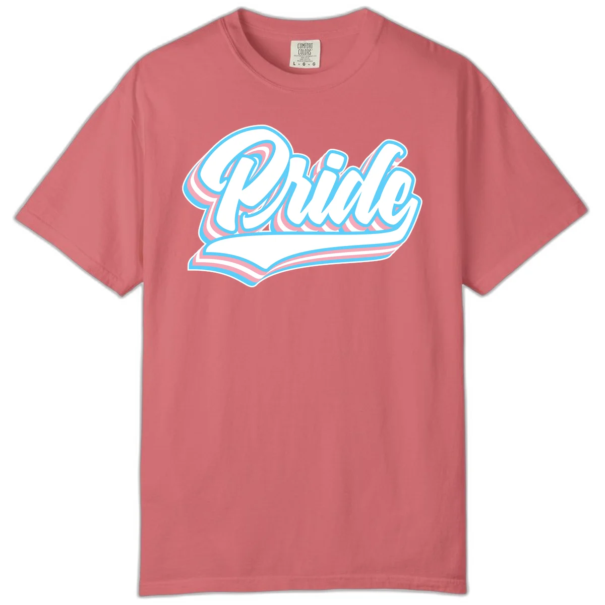 Retro pride wave script design with blue and pink layered lettering and curved banner in Watermelon