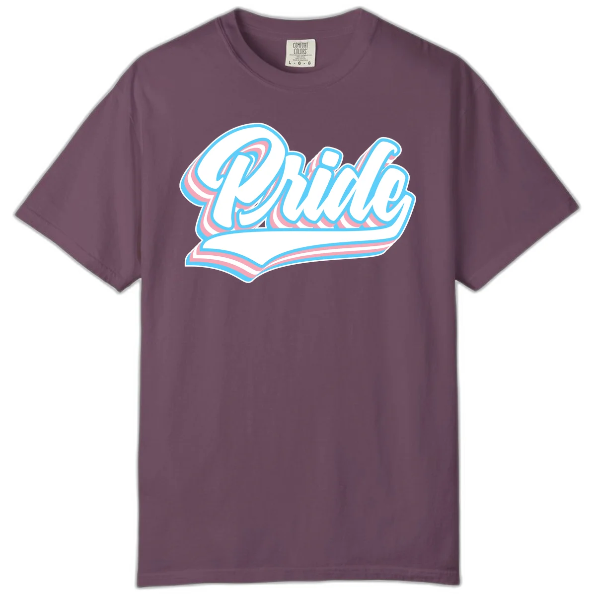 Retro pride wave script design with blue and pink layered lettering and curved banner in Berry