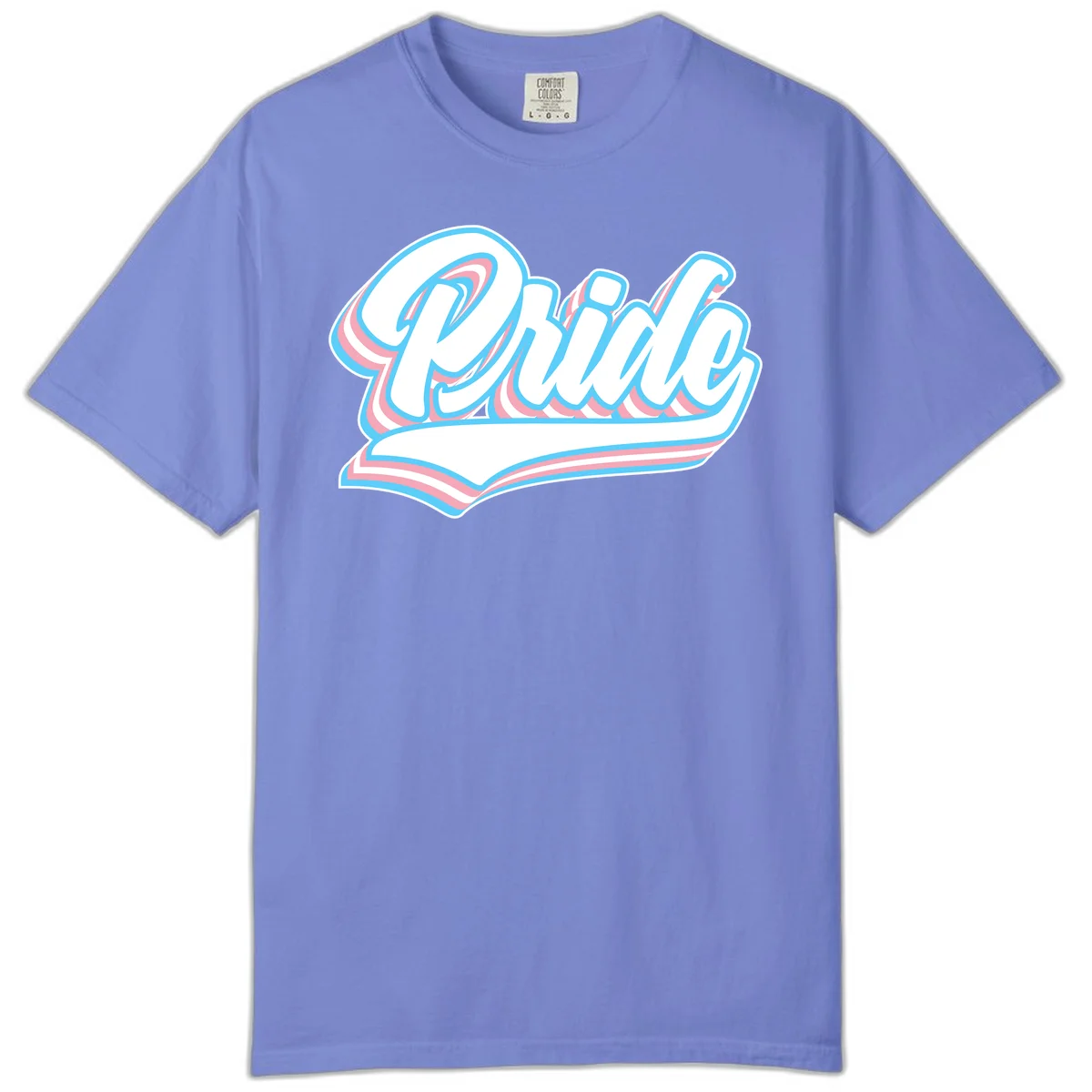 Retro pride wave script design with blue and pink layered lettering and curved banner in Flo Blue