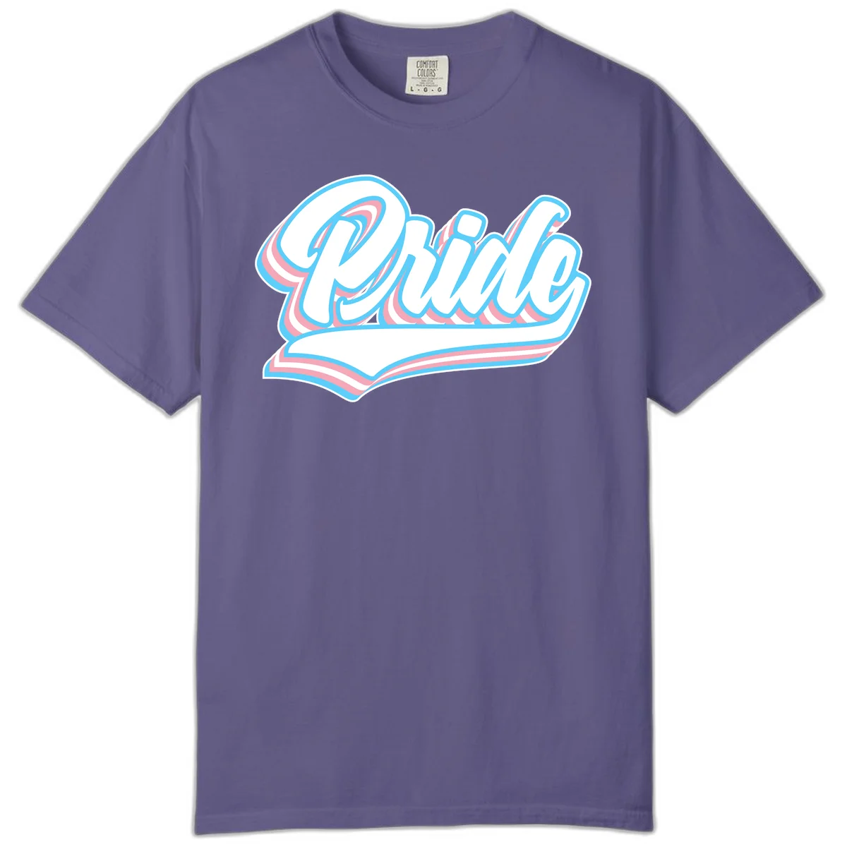 Retro pride wave script design with blue and pink layered lettering and curved banner in Grape