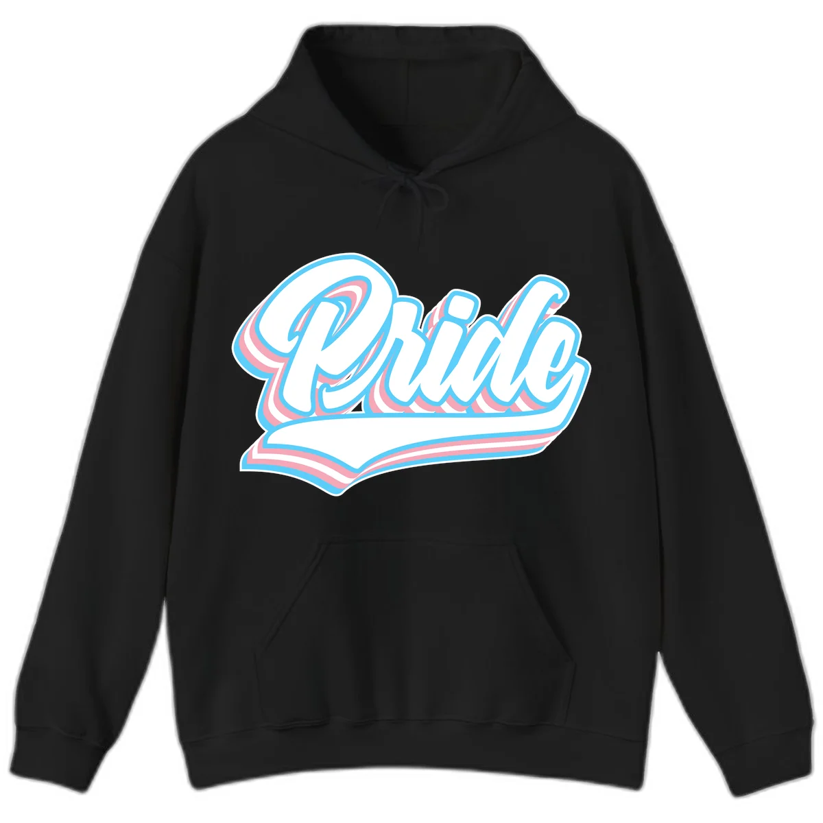 Retro pride wave script design with blue and pink layered lettering and curved banner in Black