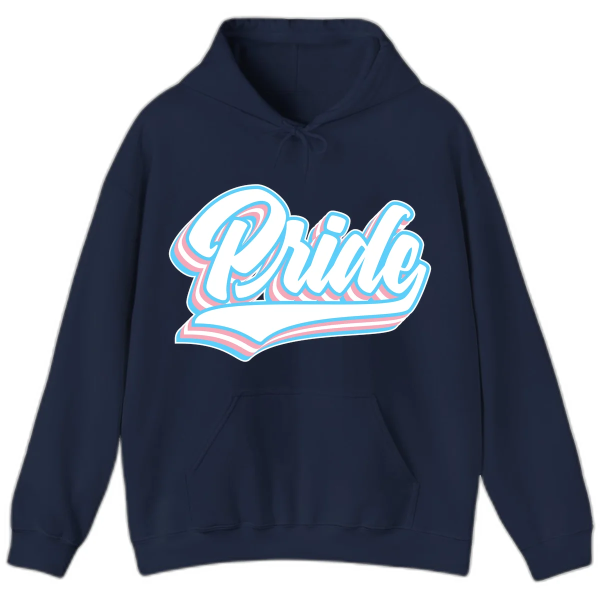 Retro pride wave script design with blue and pink layered lettering and curved banner in Navy