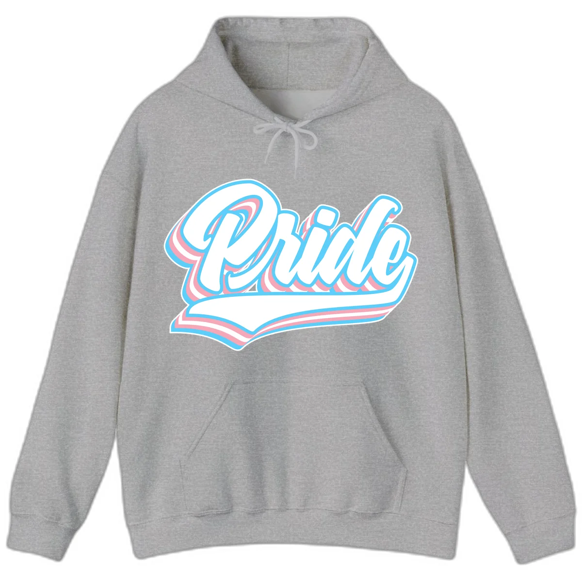 Retro pride wave script design with blue and pink layered lettering and curved banner in Sport Grey