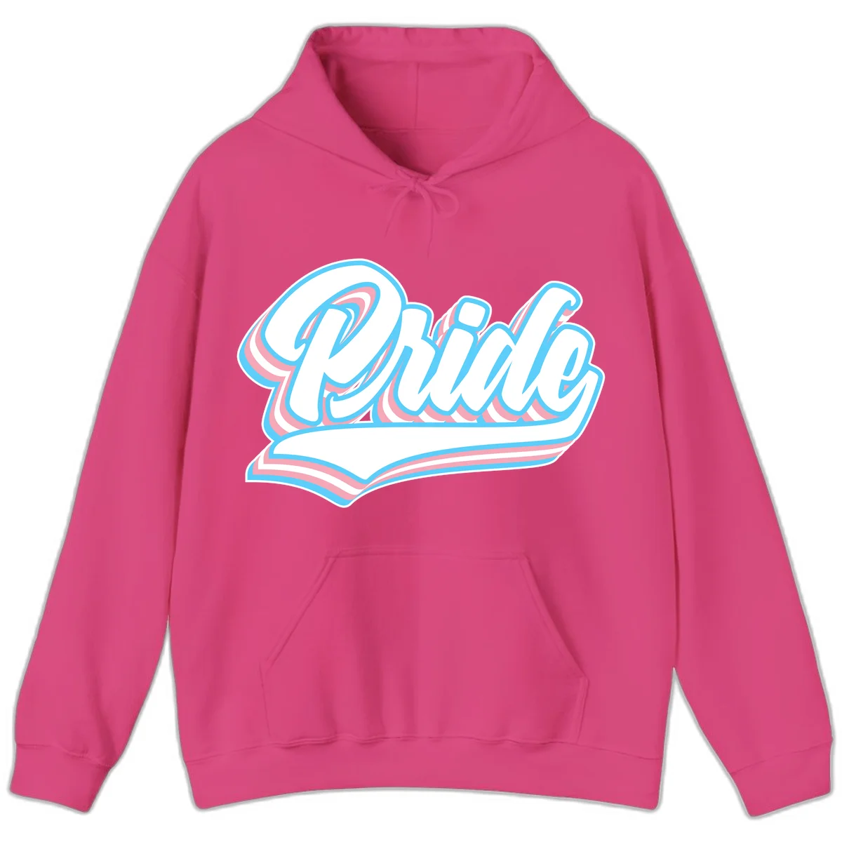 Retro pride wave script design with blue and pink layered lettering and curved banner in Heliconia