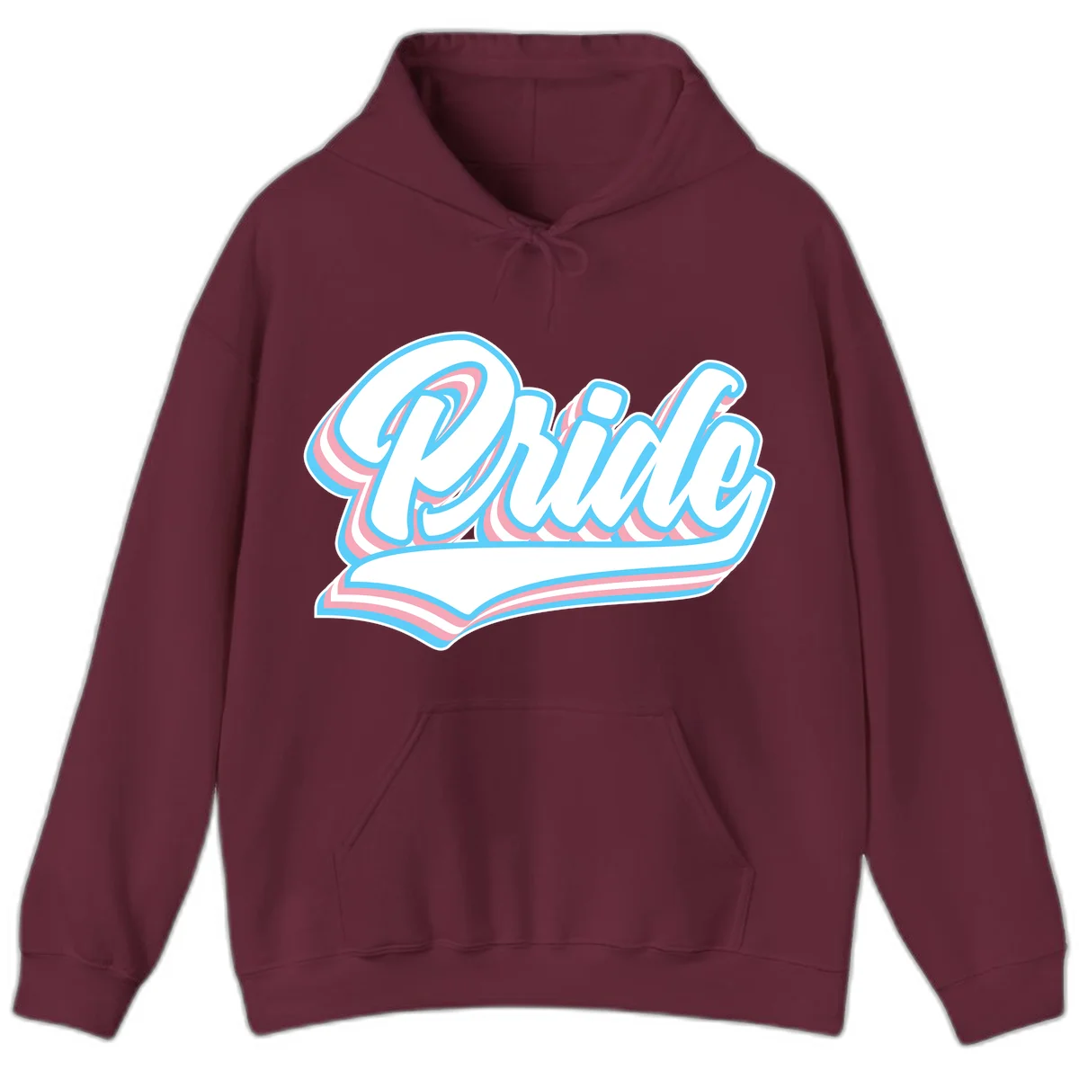 Retro pride wave script design with blue and pink layered lettering and curved banner in Maroon