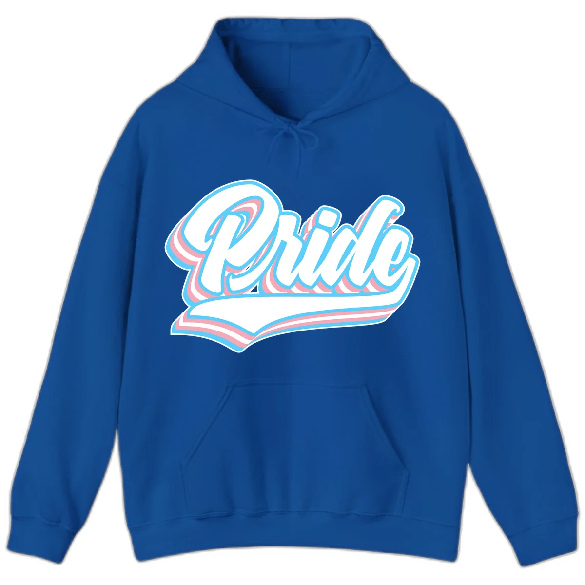 Retro pride wave script design with blue and pink layered lettering and curved banner in Royal