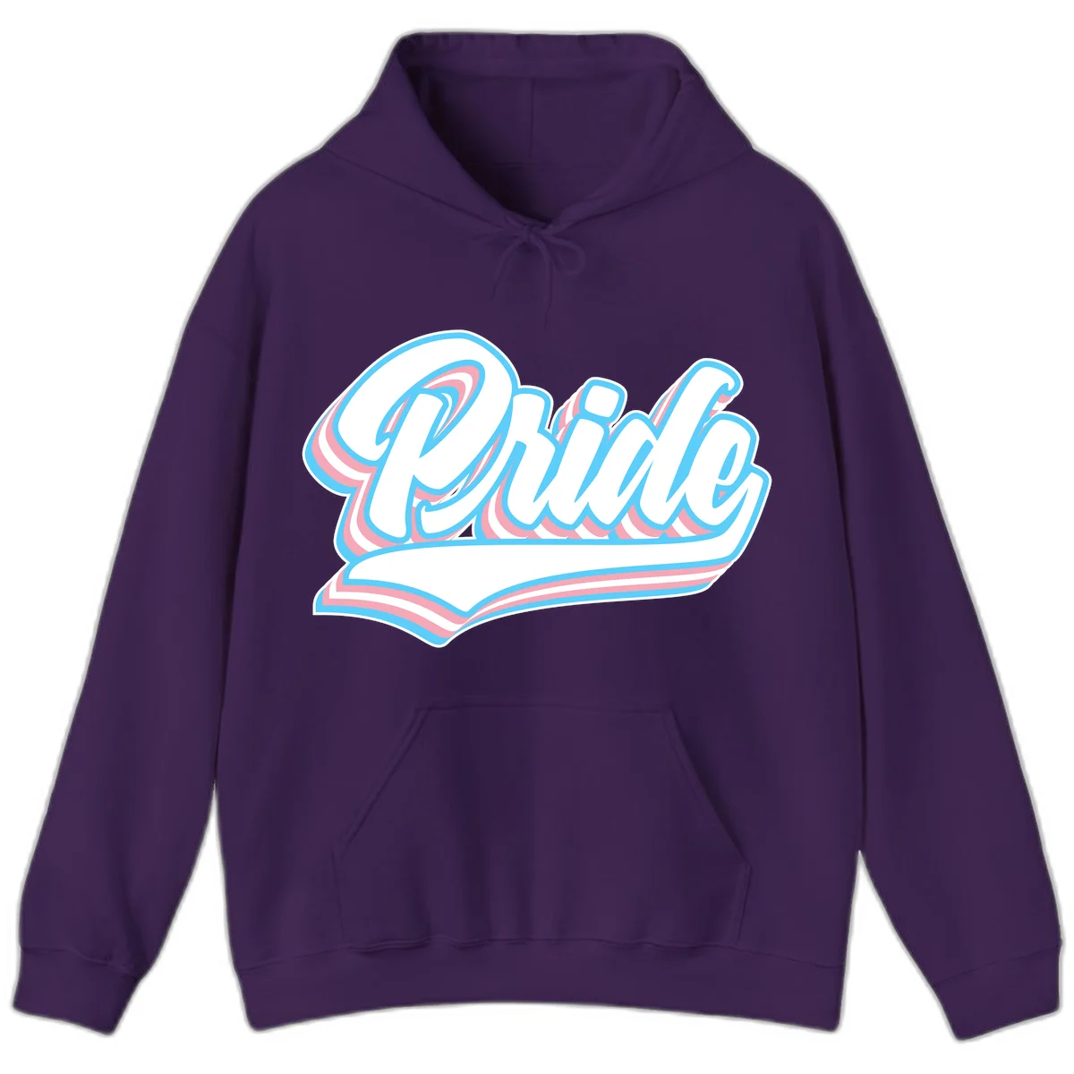 Retro pride wave script design with blue and pink layered lettering and curved banner in Purple