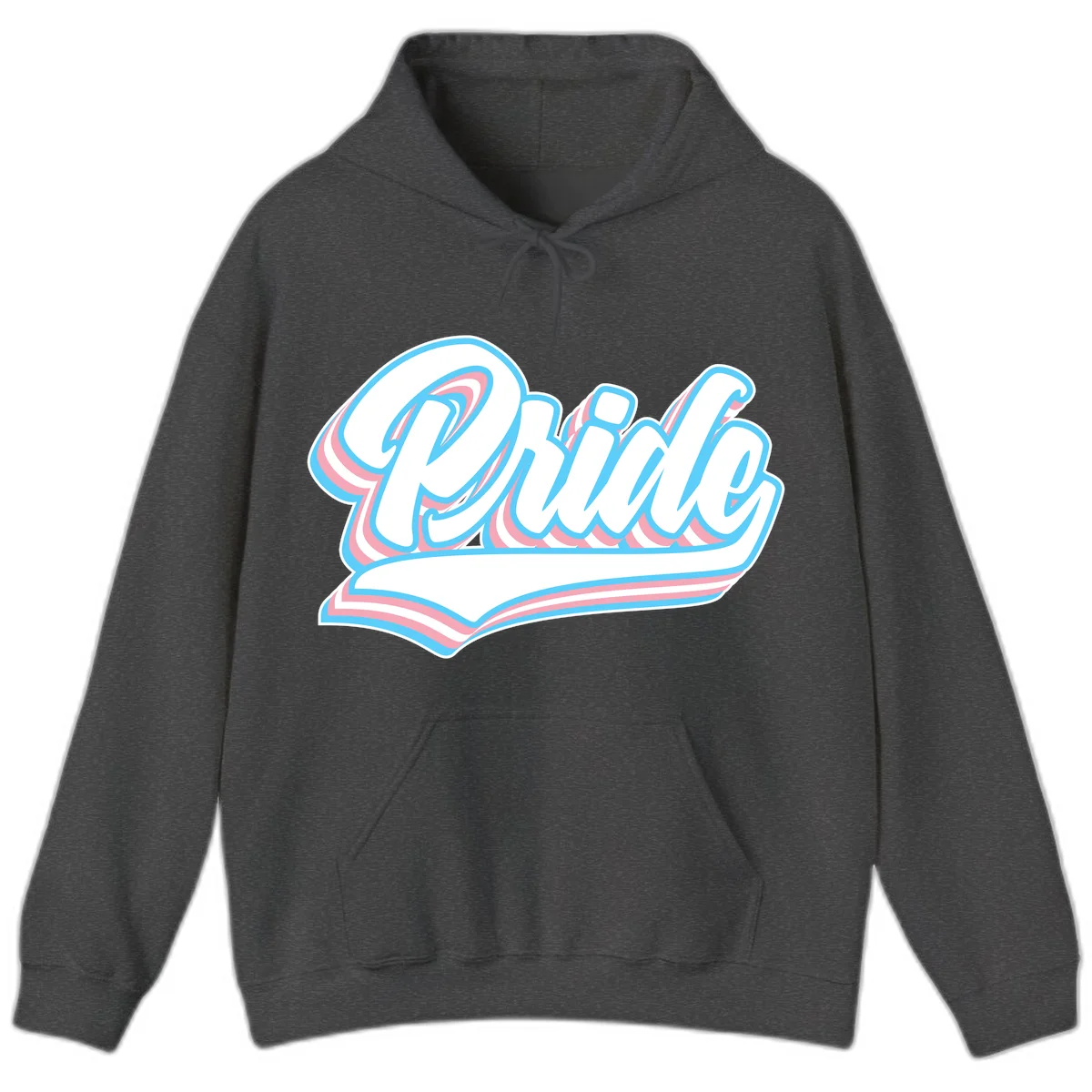 Retro pride wave script design with blue and pink layered lettering and curved banner in Dark Heather