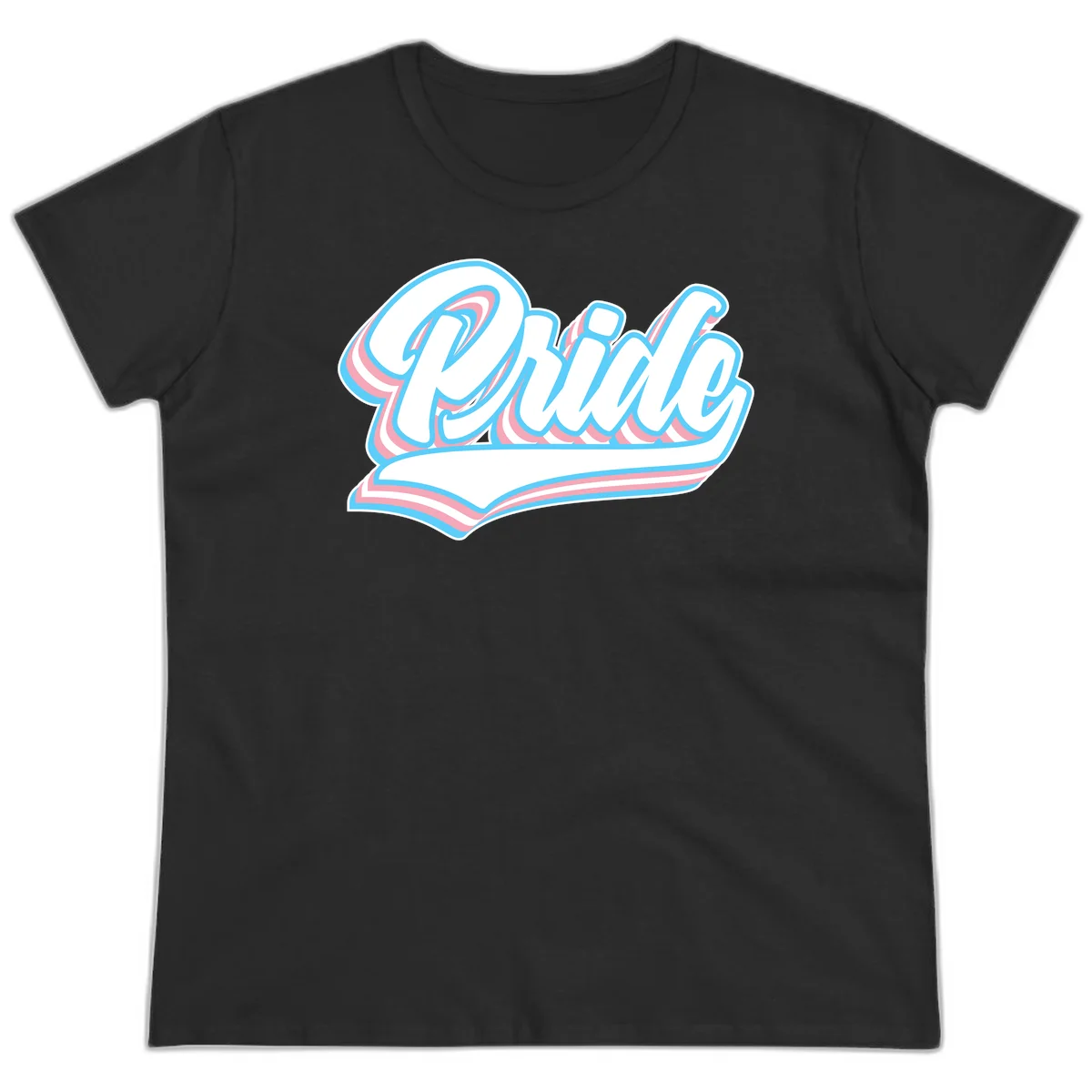 Retro pride wave script design with blue and pink layered lettering and curved banner in Black