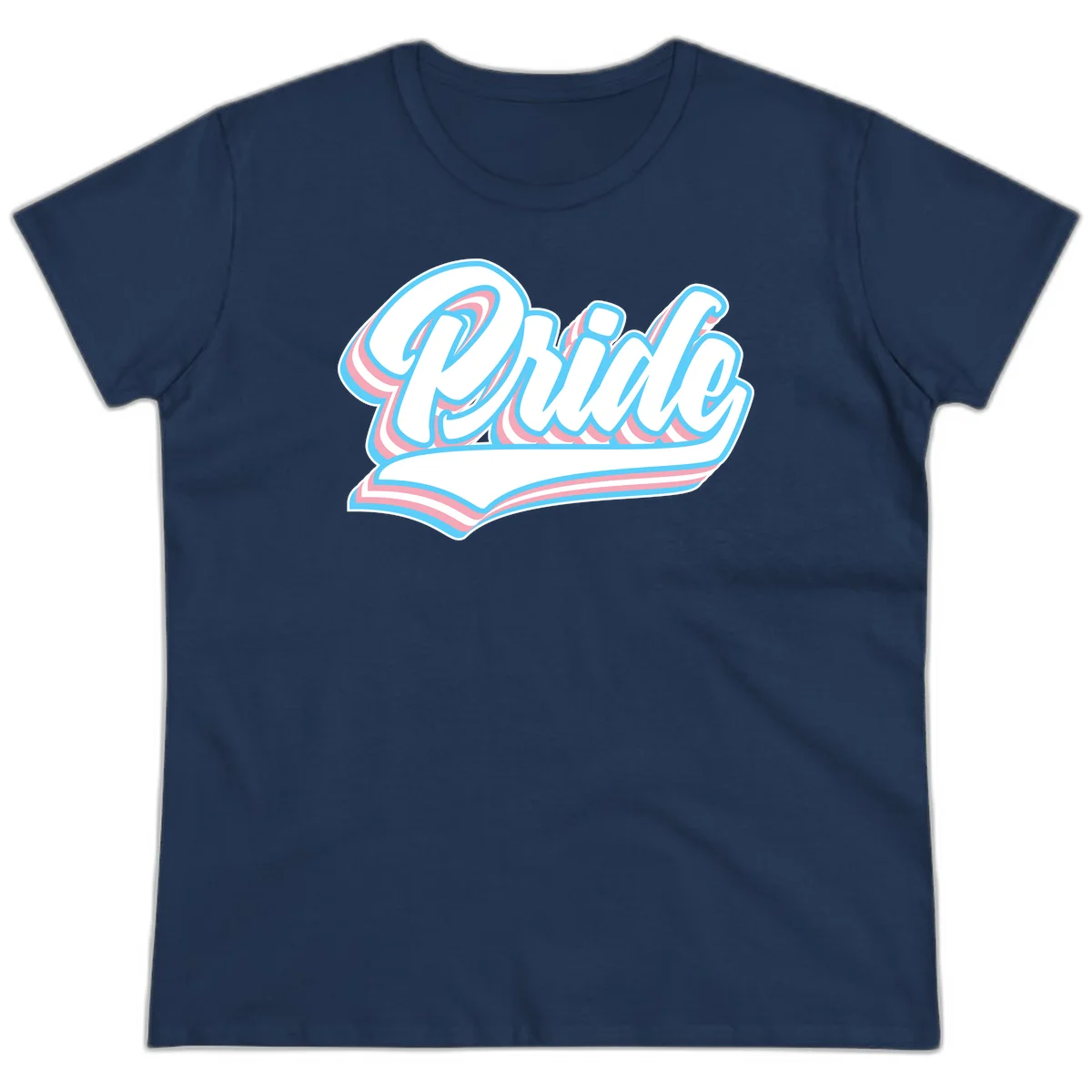 Retro pride wave script design with blue and pink layered lettering and curved banner in Navy