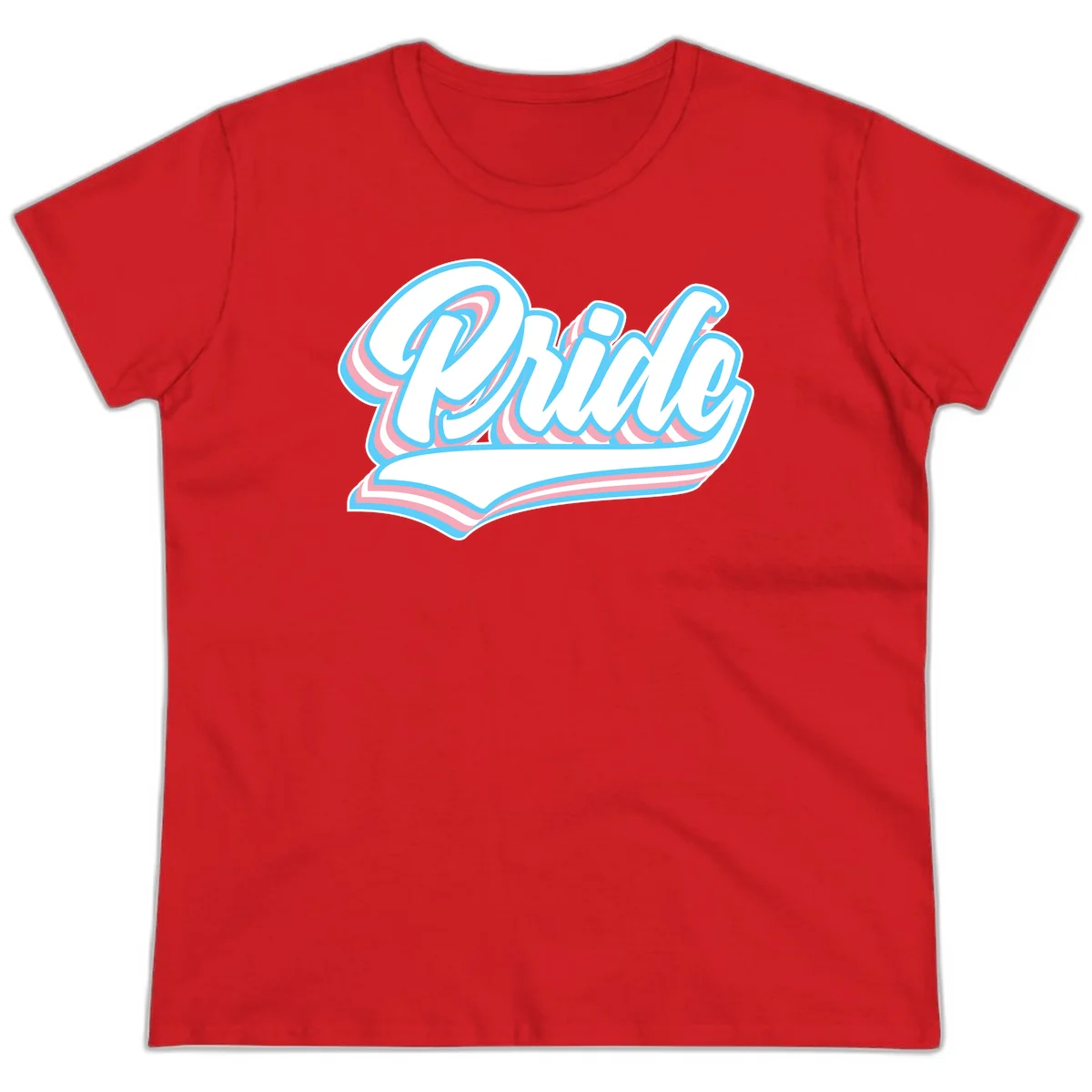 Retro pride wave script design with blue and pink layered lettering and curved banner in Red