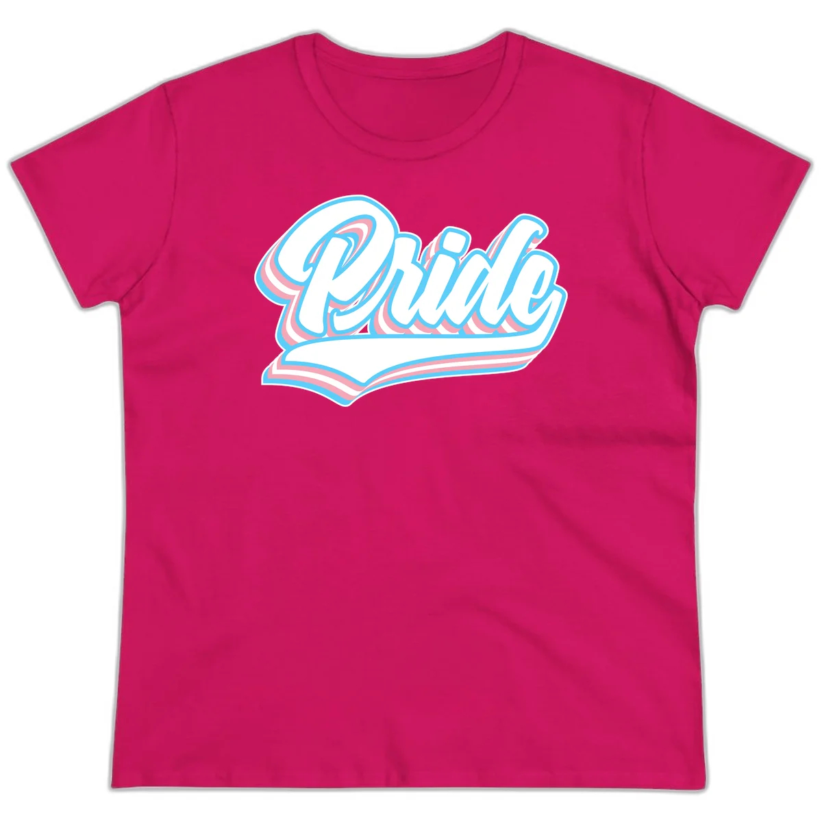 Retro pride wave script design with blue and pink layered lettering and curved banner in Heliconia