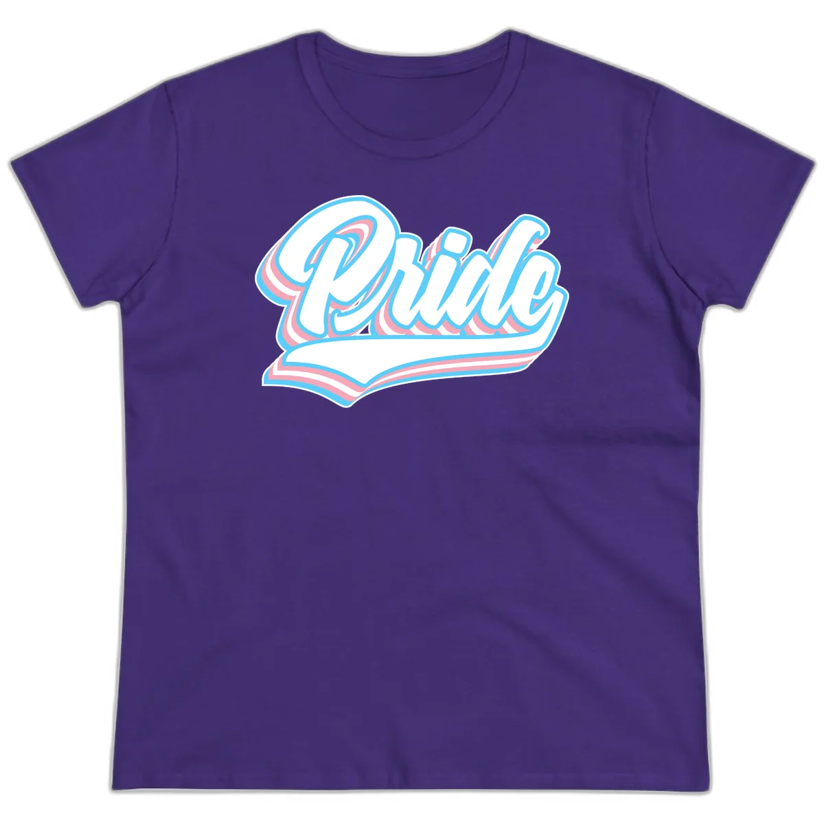 Retro pride wave script design with blue and pink layered lettering and curved banner in Purple
