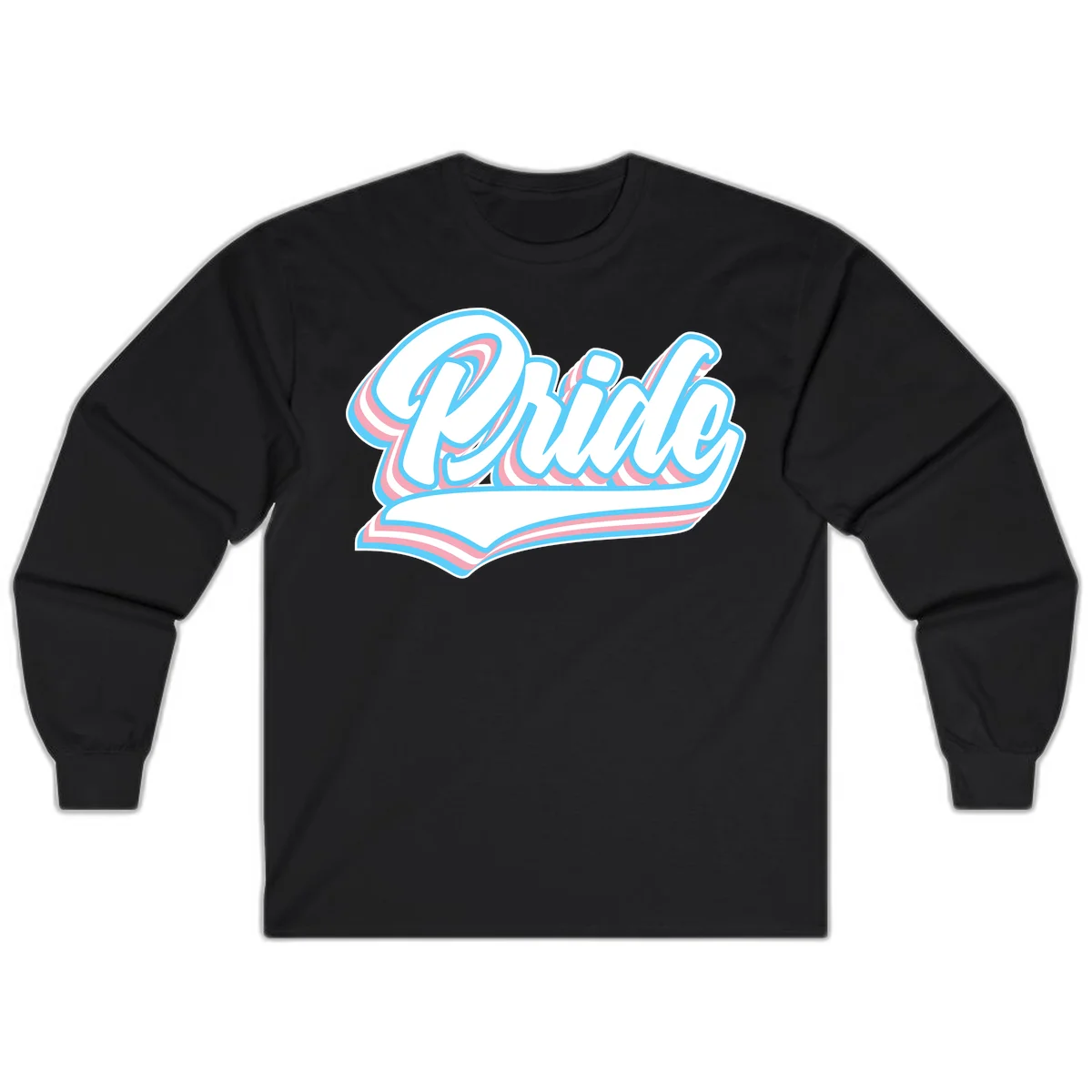 Retro pride wave script design with blue and pink layered lettering and curved banner in Black