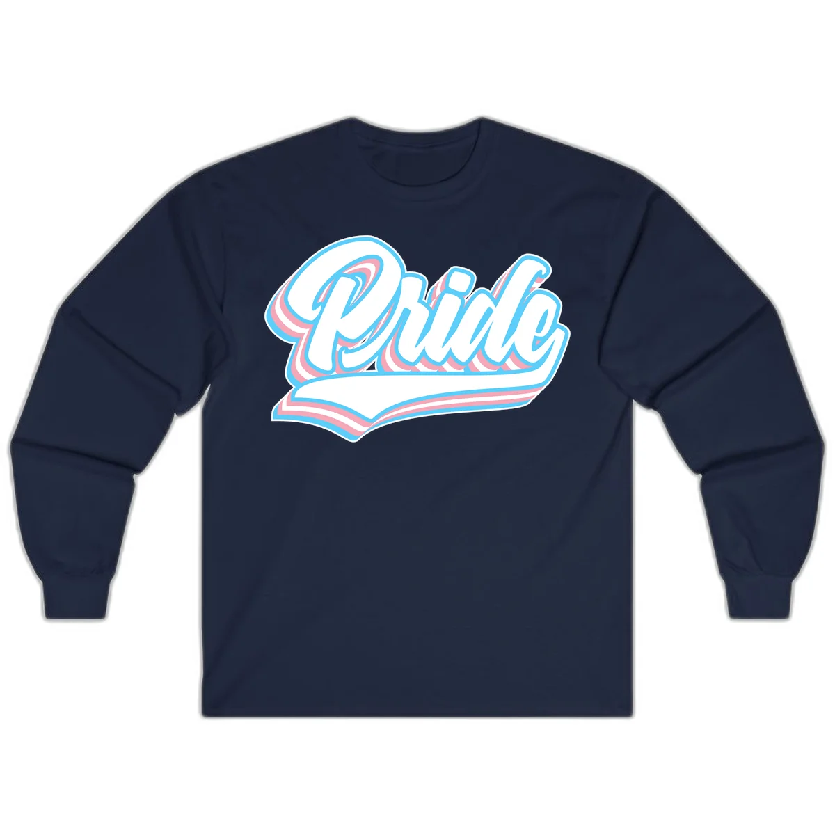 Retro pride wave script design with blue and pink layered lettering and curved banner in Navy